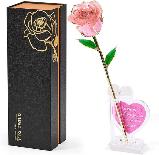 Mikasol Real 24K Gold Dipped Realistic Rose – Timeless Lifelike Bloom with Heart Puzzle Base – Romantic Pink Flower Gift for Her, Wife, Girlfriend, Mom – Birthday, Anniversary, Mother’s Day (Pink)