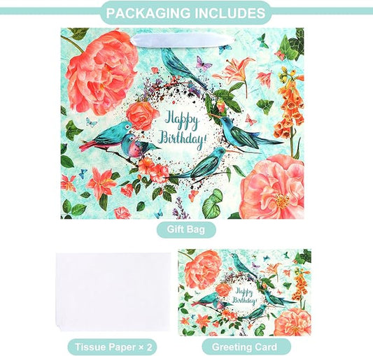 ASYEHJNR 13" Large Size Happy Birthday Gift Bag Teal Happy Birthday Sign with Birds Butterflies Floral Flower Pattern Retro Gift Bag with Greeting Card and Tissue Paper and Handle Ribbon for Girls Women Bday
