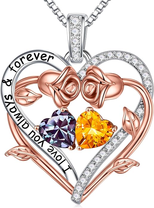 Iefil Rose Heart Double Birthstone Necklace Gifts for Wife Her Mom Women, Birthstone Jewelry Gemstone Birthday Gifts for Girlfriend Grandma Her Wife Women