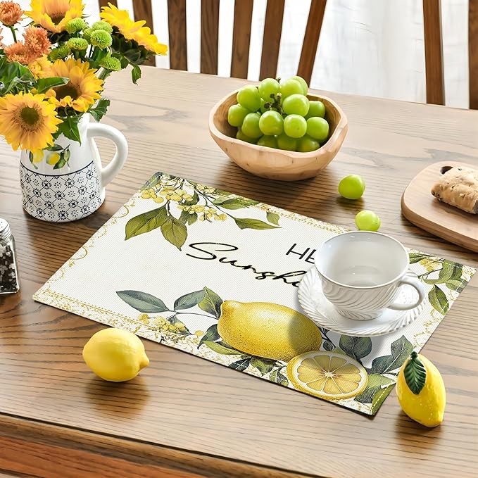 Lemon Iris Summer Placemats Set of 6, Rustic Fruit Place Mats, Country Hello Sunshine Dining Table Mats, Washable Placemats for Kitchen Dining Room Home Decor 18L'' × 12W''