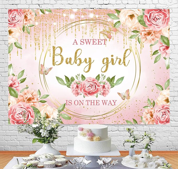 Sensfun Pink Floral Baby Girl Decorations - Glitter Gold Blush Flowers Photography Background - Baby Shower Party Supplies - 5x3ft