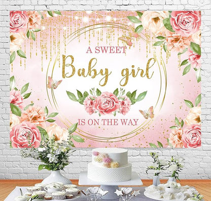 Sensfun Pink Floral Baby Girl Decorations - Glitter Gold Blush Flowers Photography Background - Baby Shower Party Supplies - 5x3ft
