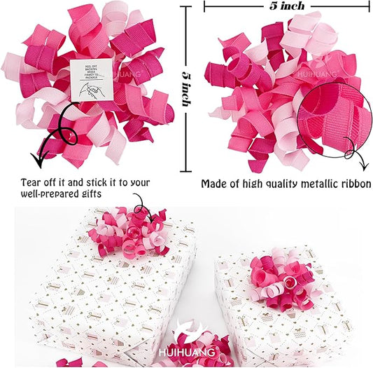HUIHUANG Pink Bows for Gift Wrapping Self Adhesive Curly Gift Bows Fushcia/Pink/Hot Pink Bows for Presents, Birthday, Wedding Baby Shower Party Favors, Treat Bags- 6 Counts