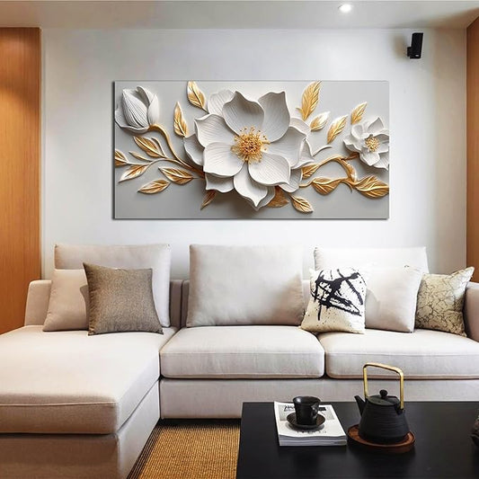 Canvas Wall Art for Living Room Bedroom Office White and Gold Flower Artwork Large Botanical Wall Art Framed Wall Decor Modern Canvas Prints 24x48 In