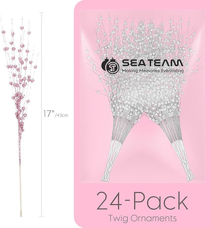 Sea Team 24-Pack Artificial Glitter Berry Stem Ornaments, Decorative Bead Sticks, Glittery Twigs, Picks, Branches for Christmas Tree, Small Vase, Holiday, Wedding, Party (17 Inches, Pink)