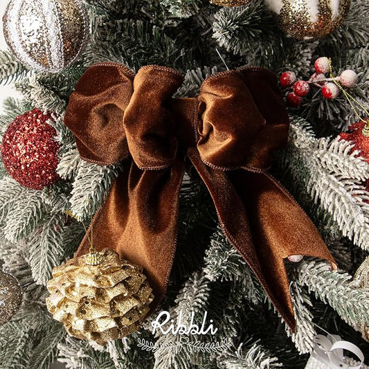 Ribbli Brown Velvet Wired Ribbon 4 Inch Velvet with Satin Christmas Ribbon for Gift Wrapping Christmas Tree Decoration Crafts Wreaths Supplies-Continuous 10 Yards