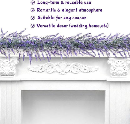 Spring Summer Lavender Garland, 6Ft Purple Lavender Artificial Garland, All Year Lavender Garlands for Farmhouse Wedding Mantle Arch Porch Stair Table Indoor Door Home Decor (1)