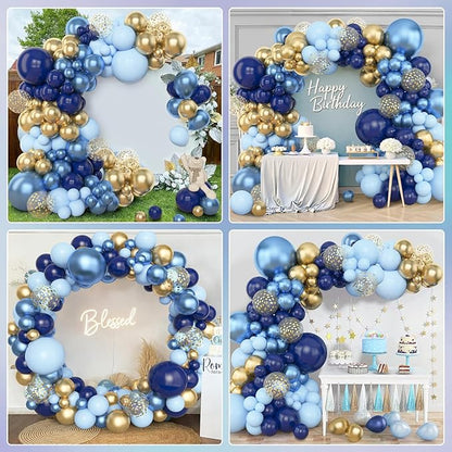Amandir 153pcs Navy Blue Gold Balloon Garland Arch Kit, Different Sizes 18 12 10 5 inch Pastel Blue Latex Metallic Confetti Balloons for Boys Graduation Birthday Party Ocean Baby Shower Decoration