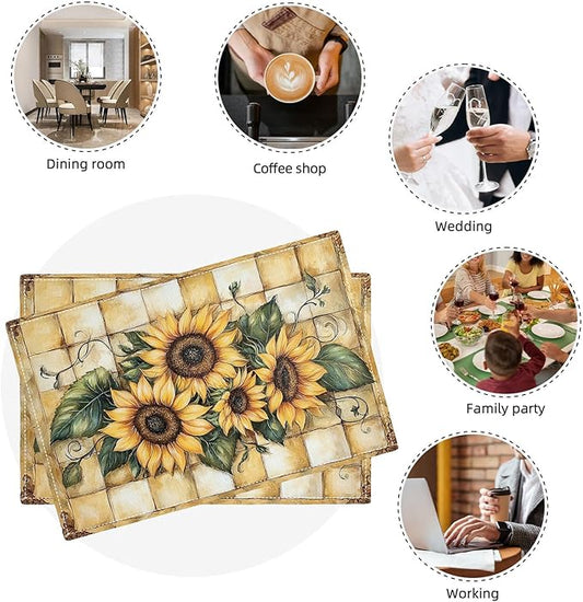Farmhouse Sunflower Placemats Set of 6, Country Flowers Place Mats, Rustic Yellow Check Dining Table Mats, Washable Placemats for Kitchen Dining Room Home Decor 18L'' × 12W''