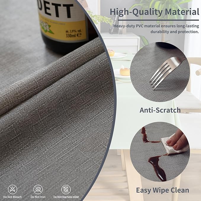 Rectangle Table Cloth,100% Waterproof Tablecloth Oil Proof Spill Proof Vinyl Table Cloth, Wipe Clean Plastic Table Cover for Dining, Camping, Indoor and Outdoor 52" x 70",Grey