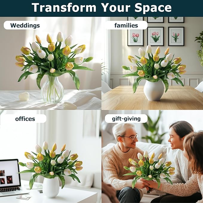 20PCS Fake Tulips Artificial Tulip Silk Flowers Fake PU Bouquet Artificial Flowers Faux Flowers with Gift Box Soft Faux Tulips Bouquets Arrangements for Party Wedding Home