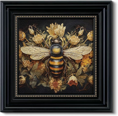 Vintage 3D Textured Bee and Flower Framed Wall Art 16x16 Inch, Square Insect and Floral Sandstone Panel Artwork Botanical Print, Retro Rustic Living Room Bedroom Farmhouse Home Decor