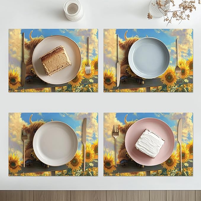 Cute Highland Cow Placemats Set of 6 Washable Table Mats Summer Yellow Sunflower Heat-Resistant Cotton Linen Place Mats for Dining Table Kitchen Indoor Outdoor Party Holiday Decor