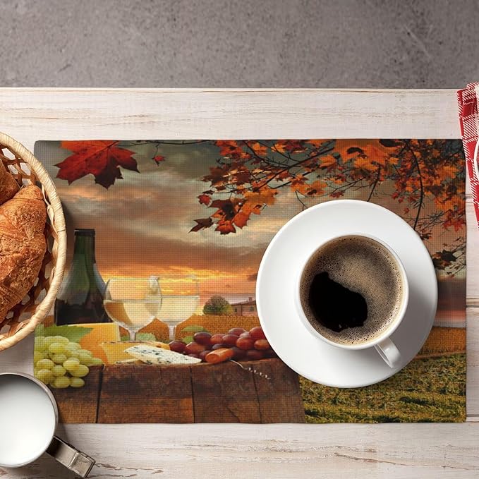 Wine Placemats Set of 4 Romantic Sunset White Wine Linen Placemat Indoor Outdoor Party Home Desktop Kitchen Dining Room Decoration 12x18 Inch