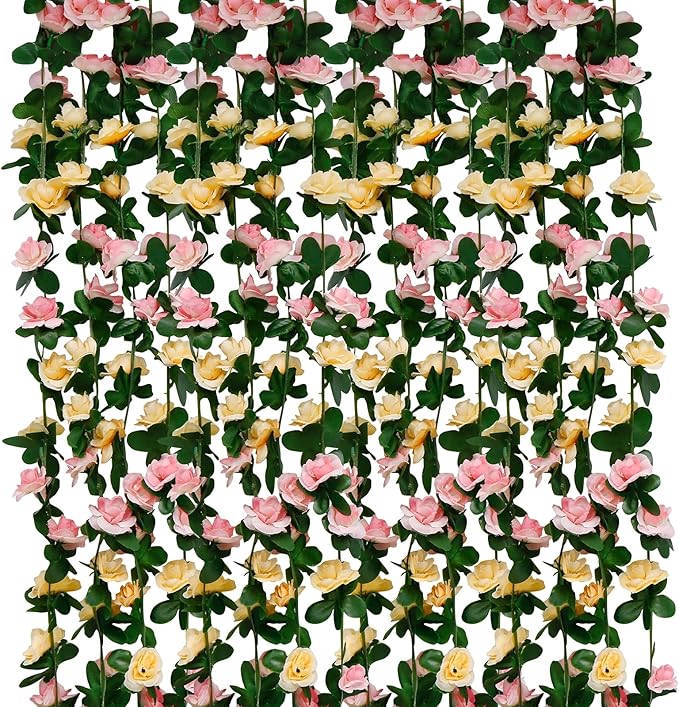 12 PCS 98.4 FT Artificial Flower Garland Rose Garland for Wedding Room Decor（12,Champagne）