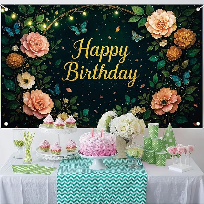 Greenery Birthday Backdrop Sage Green Floral Butterfly Banner String Lights Party Decorations Photography Background for Women Girls Birthday Supplies Photo Booth Prop 71 x 43 Inch
