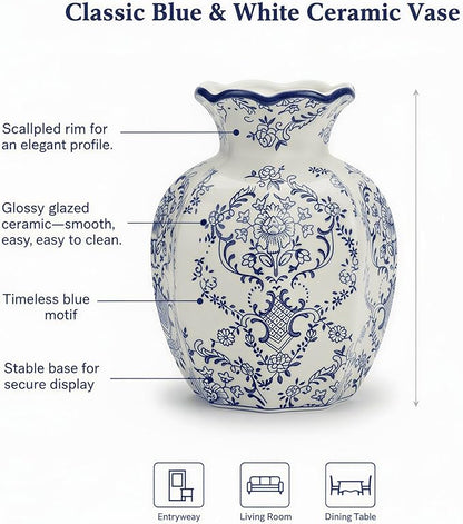 5.9-Inch Blue & White Rustic Vintage Ceramic Vase, Aesthetic Farmhouse Pottery Decor for Living Room, Dining Room, Bookshelf & Office
