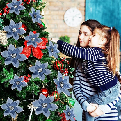 WILLBOND 24 Pcs 3 Size Poinsettia Flower Artificial Christmas Decor Glitter Poinsettia Christmas Ornaments Faux Flowers for Xmas Tree Outdoor(3.2/4/6 Inches,Gray Blue)