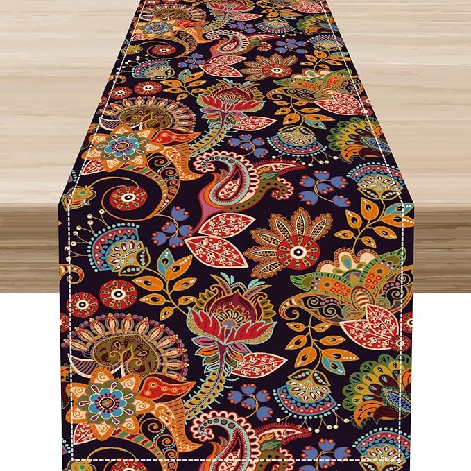 Paisley Table Runner, Rustic Vintage Farmhouse Abstract Boho Floral Leaf Print Table Decor for Home Kitchen Dining Patio Holiday Party Indoor Outdoor Table Decorations 13x108 inch