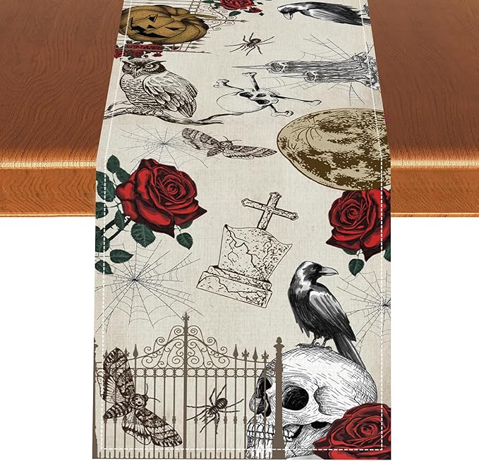 Gothic Floral Table Runner, Retro Dark Skull Crow Vintage Flower Halloween Pumpkin Witchy Coffee Table Center Decor for Home Kitchen Dining Patio Holiday Party Table Decorations 13x108 inches