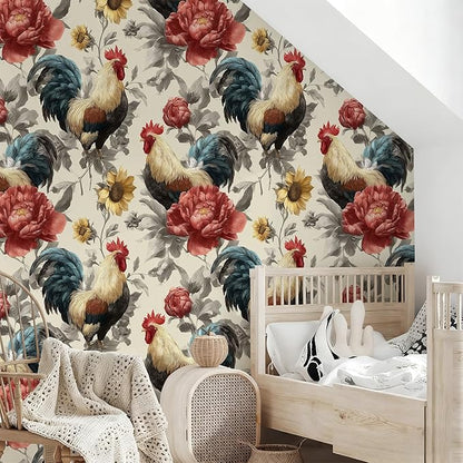 Floral Peel and Stick Vintage Animal Contact Paper Sunflower Rooster Removable Botanical Leaf Wallpaper 17.7" x 236.22" Wall Paper Watercolor Self Adhesive for Farm Bedroom laundry room bathroom