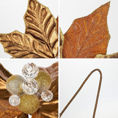Hollyone 3PCS Poinsettia Christmas Flowers Artificial 11" Large Bronze Glitter Poinsettia Flowers Christmas Tree Ornaments Floral Picks for Tree Wreath Garland Vase Table Centerpiece Home Decor