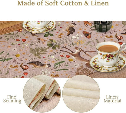 Rustic Forest Table Runner, Farmhouse Pink Woodland Hare Squirrel Owl Flowers Mushroom Print Table Runner for Holiday Kitchen Dinning Table Indoor Outdoor Home Party, 13x120inch