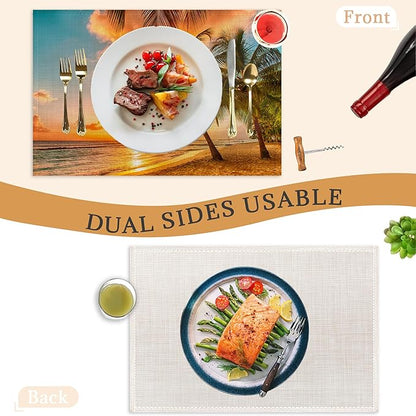 Summer Palm Beach Placemats Set of 6,Washable Heat Resistant 12×18 Inch Linen Table Mats Tropical Place Mats for Party Outdoor Dining Décor