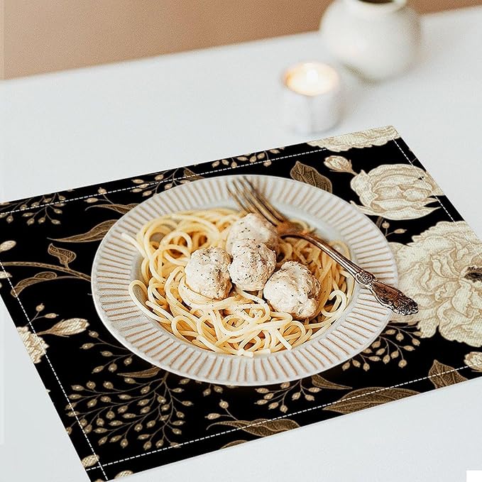 Black Gold Floral Placemats Set of 8, 17x12 Inch Abstract Vintage Rustic Flower Botanical Aesthetic Art Print Table Mats for Home Party Kitchen Dining Decor