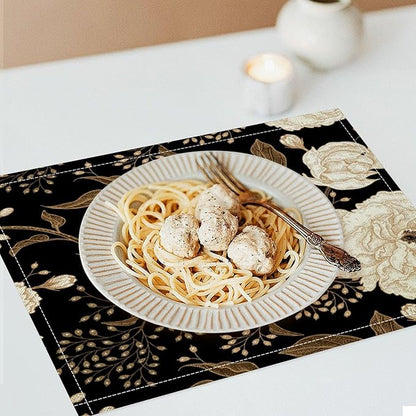 Black Gold Floral Placemats Set of 4, 17x12 Inch Abstract Vintage Rustic Flower Botanical Aesthetic Art Print Table Mats for Home Party Kitchen Dining Decor