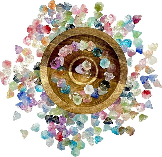 200PCS Bellflower Glass Beads, Gradient Clear Bead for Jewelry Making, Mixed Color Trumpet Flower Beads for Keychains Earrings Bracelets Necklaces Lanyard DIY Handicrafts