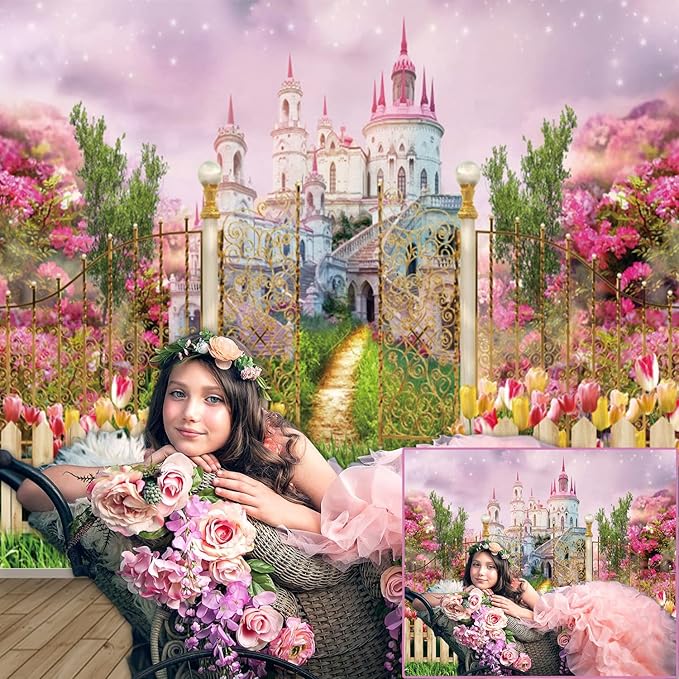 7x5ft Fantasy Castle Wonderland Backdrop Flower Garden Sweet Princess Birthday Party Photography Backdrop Girls Portrait Banner Baby Shower Kids Birthday Party Decorations