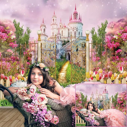 7x5ft Fantasy Castle Wonderland Backdrop Flower Garden Sweet Princess Birthday Party Photography Backdrop Girls Portrait Banner Baby Shower Kids Birthday Party Decorations
