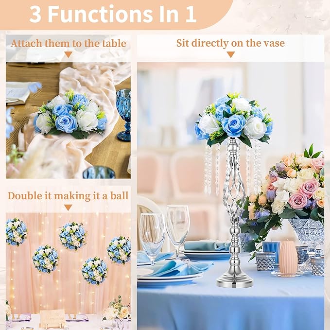 NUPTIO Flower Centerpieces for Wedding Tables: 10 Pcs Blue & White Artificial Flower Ball Arrangement for Weddings Party - Fake Floral Rose for Birthday Bridal Shower Decorations