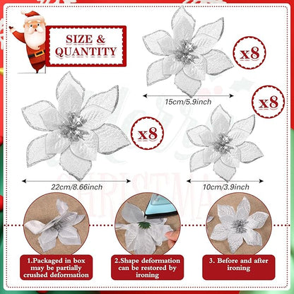 WILLBOND 24 Pcs 3 Size Poinsettia Flower Artificial Christmas Decor Glitter Poinsettia Christmas Ornaments Faux Flowers for Xmas Tree Outdoor(4/6/7.9 Inches,Silver)