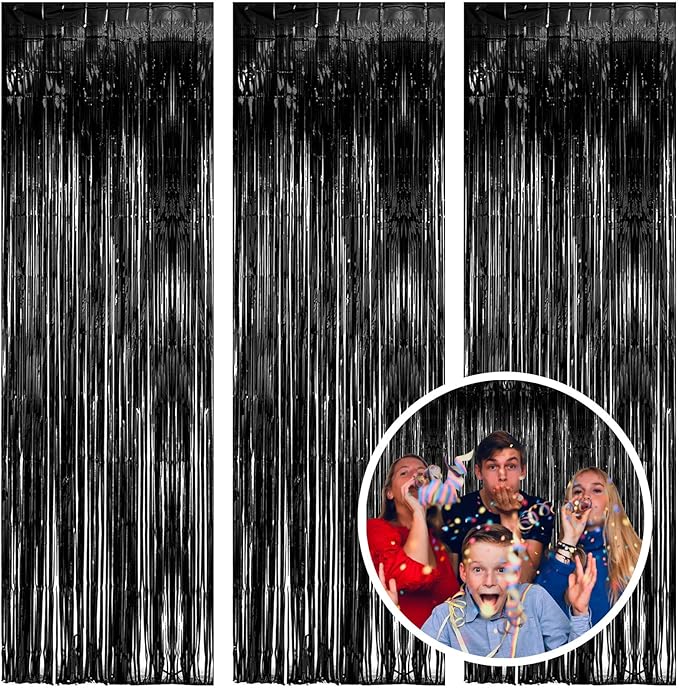 3 Pack Black Fringe Backdrop Streamers Halloween Party Decorations Black Tinsel Foil Curtains Photo Booth Backdrop Birthday Wednesday Twilight Graduation Wizard Party Decorations Supplies