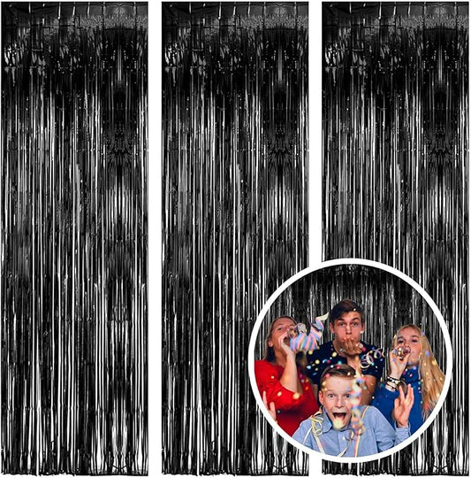 3 Pack Black Fringe Backdrop Streamers Halloween Party Decorations Black Tinsel Foil Curtains Photo Booth Backdrop Birthday Wednesday Twilight Graduation Wizard Party Decorations Supplies