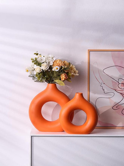 Modern Donut-Shaped Decorative Vases, Handmade Minimalist Boho ins Style, Modern Vase for Home Decor for Wedding Dinner Table Party Living Room Office Bedroom (Orange, Extra Large + Large)