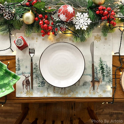 Artoid Mode Watercolor Deer Trees Snowflakes Christmas Placemats for Dining Table, 12 x 18 Inch Seasonal Winter Xmas Holiday Rustic Vintage Thanksgiving Washable Table Mats Set of 4