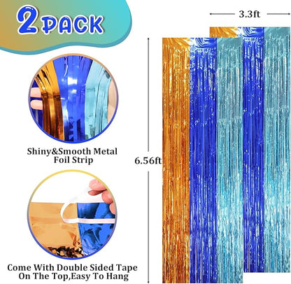 2 Pack Blue Orange Foil Fringe Backdrop Curtains, Tinsel Streamers Party Decorations, Fringe Backdrop, Door Shimmer for Birthday Party