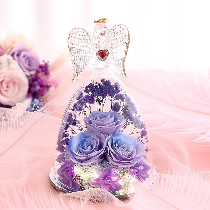 Mothers Day Rose Gifts for Women, Large Angel Figurines with Real Roses, Preserved Real Flower Rose for Her - Purple Blue