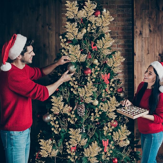 75 Pcs Christmas Glitter Branches 3 Styles Artificial Christmas Picks Berries Stems Pine Needles Floral Twig Spray for Xmas Tree Ornaments DIY Wreath Garland(Light Gold)