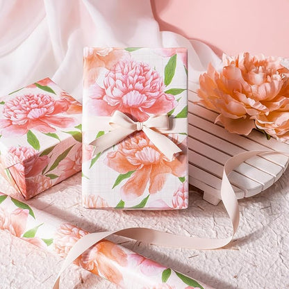 WRAPAHOLIC Floral Wrapping Paper Roll - Mini Roll - 17 Inch x 9.8 Feet - Peach Flower Wrapping Paper, Perfect for Girls Women Birthday, Wedding, Bridal Shower