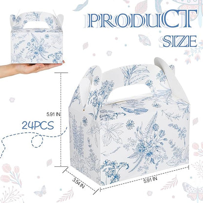 Dunzoom 24 Pack Blue Floral Paper Gift Boxes Party Favor Gift Gable Boxes with Chinoiserie Floral Printed Candy Treat Box for Wedding Birthday Tea Bridal Shower Party