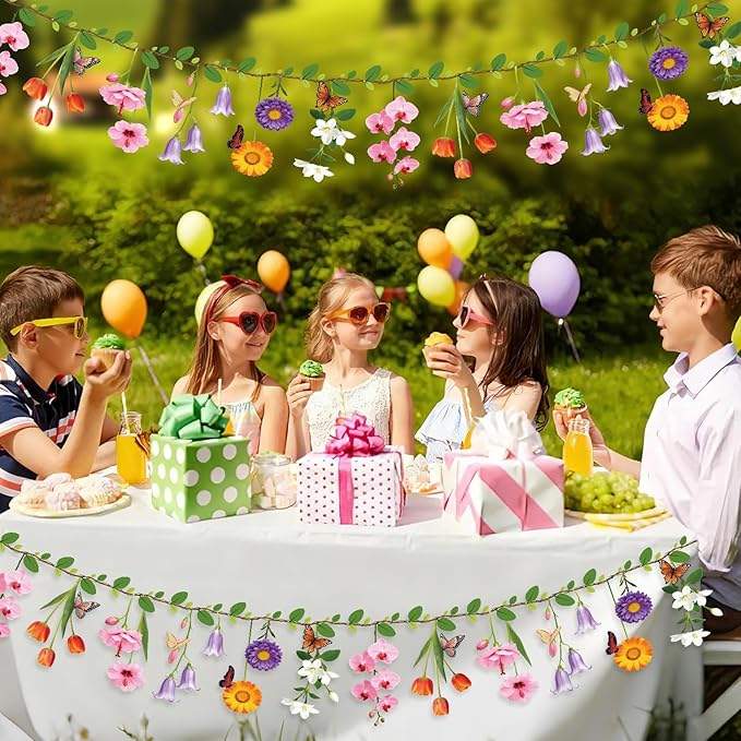 2PCS Flower Banner Reusable Wildflower Garland Floral for Spring Party Enchanted Garden Theme Picnic Wedding Baby Shower Birthday Tea Party Christmas Supplies Home Decorations
