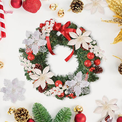 24Pcs White Glitter Poinsettia Christmas Tree Ornaments and Glitter Berries Stems, 16Pcs Christmas Artificial Flowers and 8 Pack Christmas Tree Picks for Wedding Holiday Decorations