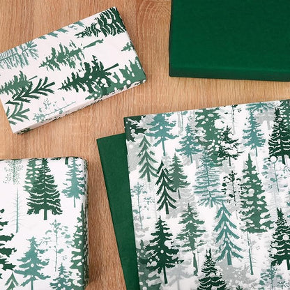 Whaline 100 Sheets Christmas Tree Tissue Paper Dark Green Folded Flat Woodland Tree Wrapping Paper Green Gift Wrapping Tissue Papers Rustic Art Crafts for Home DIY Gift Box Xmas Winter Decoration