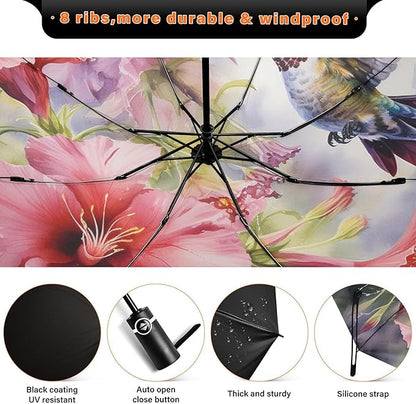 Automatic Folding Umbrella Windproof Strong, UV Protection Compact Floral Hydrangea Hummingbird Sun Rain Sun Rain Travel Umbrellas for Women Men