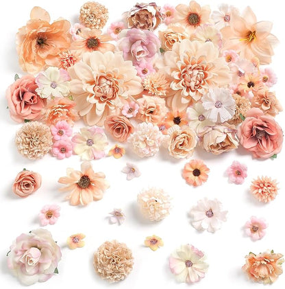 Fake Flower Heads Mini Artificial Flower Nude Color Faux Dahlia Rose Flowers for Crafts Cake Blossom Wreath Bouquets for Wedding Bridal Party Baby Shower Graduation Season Home Decor