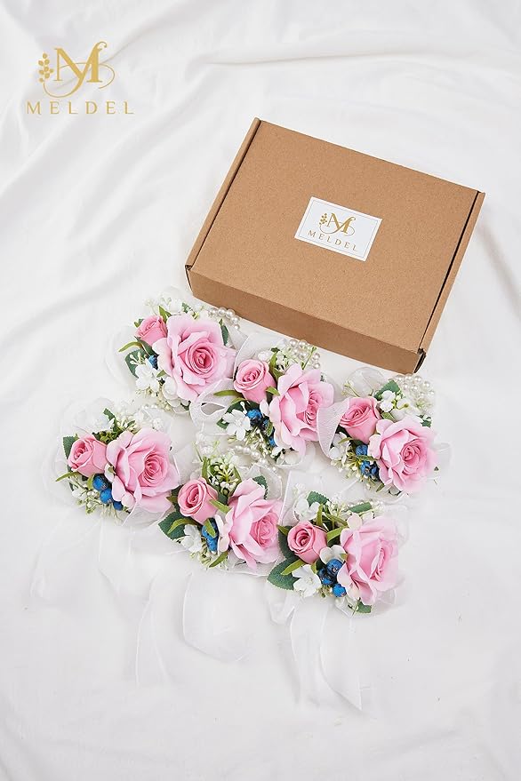 Meldel Pink Wrist Corsage for Wedding Bride Bridesmaids Bridal Shower, Set of 6, Corsages for Prom Suit Accessories, Mother of Bride and Groom, Wrist flower for Party Suit Decoration Ceremony